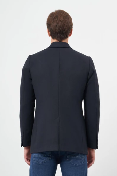 Koyu Lacivert Kruvaze Kaşe Kılıç Yaka Düz Yırtmaçsız Tam Astar Slim Fit Classic Kaban 1008245152 - 5