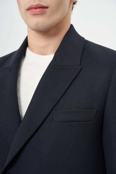 Koyu Lacivert Kruvaze Kaşe Kılıç Yaka Düz Yırtmaçsız Tam Astar Slim Fit Classic Kaban 1008245152 - 4