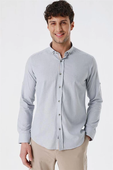 Gri Kısalabilir Kollu Cepsiz Biyeli %100 Pamuk Casual Slim Fit Dar Kesim Gömlek 1004230179 - Resim 2