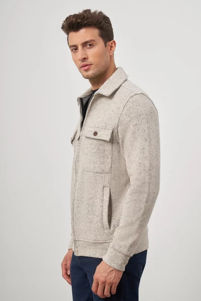 Bej Örme Bebe Yaka Kendinden Desenli Yırtmaçsız Astarsız Slim Fit Classic Mont 1007245156 - Resim 3