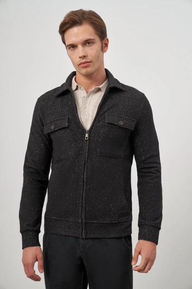 Siyah Örme Bebe Yaka Kendinden Desenli Yırtmaçsız Astarsız Slim Fit Classic Mont 1007245156 - Resim 4