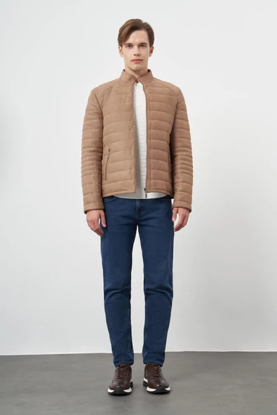 Sütlü Kahverengi Suni Deri Hakim Yaka Düz Yırtmaçsız Tam Astar Slim Fit Casual Deri Mont 1038245150 - 4