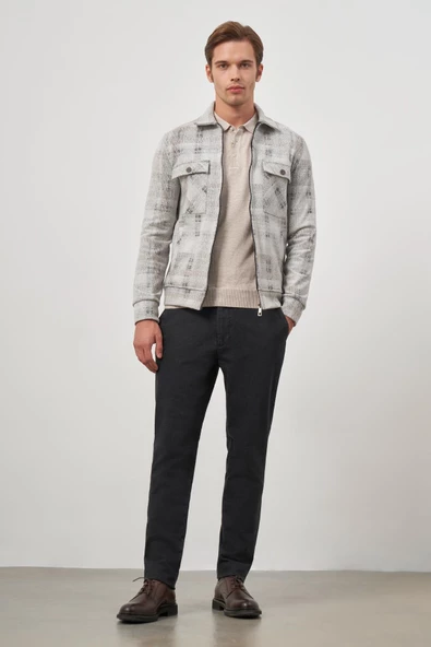 Taş Rengi Örme Bebe Yaka Kendinden Desenli Yırtmaçsız Astarsız Slim Fit Classic Mont 1007245157 - Resim 2