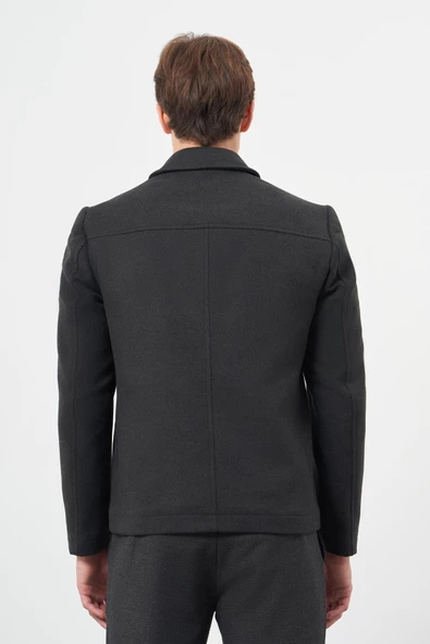Koyu Antrasit Kaşe Bebe Yaka Düz Yırtmaçsız Tam Astar Slim Fit Classic Mont 1007245121 - 5