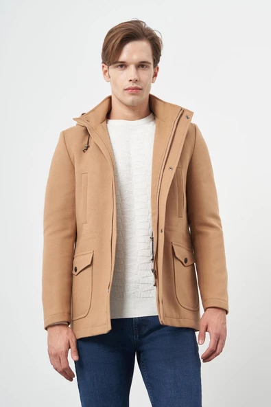 Camel Kaşe Dik Yaka Astarlı Slim Fit Dar Kesim Klasik Kaban 1008245272 - 3