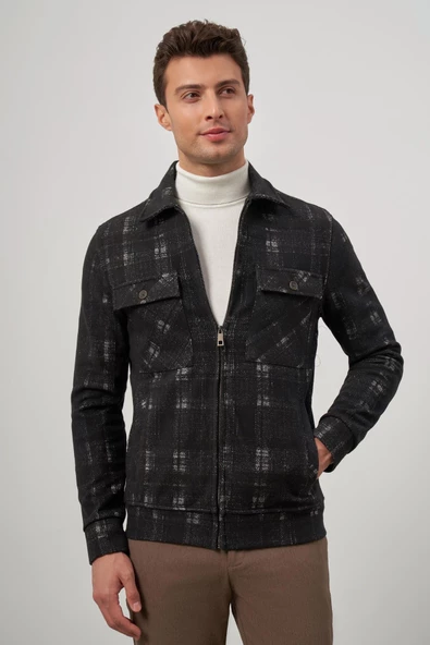 Siyah Örme Bebe Yaka Kendinden Desenli Yırtmaçsız Astarsız Slim Fit Classic Mont 1007245157 - Resim 4