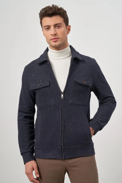 Koyu Lacivert Örme Bebe Yaka Kendinden Desenli Yırtmaçsız Astarsız Slim Fit Classic Mont 1007245156 - 2