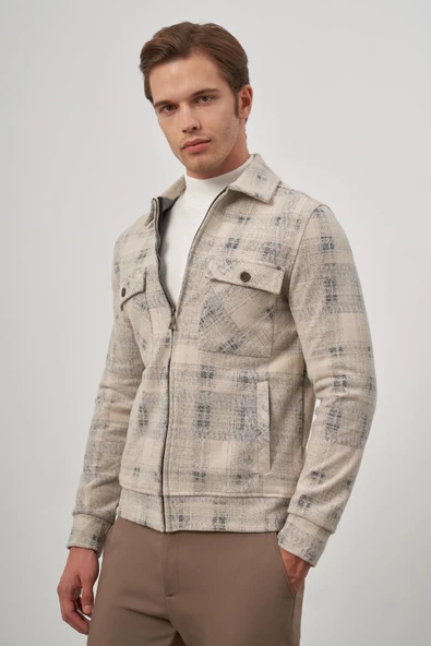 Bej Örme Bebe Yaka Kendinden Desenli Yırtmaçsız Astarsız Slim Fit Classic Mont 1007245157 - Resim 3