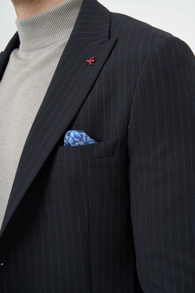 Koyu Lacivert Gofreli Kırlangıç Yaka Likralı 6 Drop Slim Fit Klasik Ceket 1002240111 - Resim 2