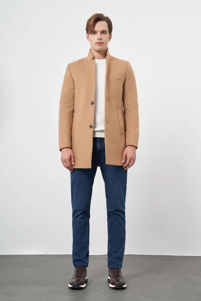 Camel Kaşe Dik Yaka Kapitoneli Astar Slim Fit Dar Kesim Klasik Kaban 1008245171 - 2