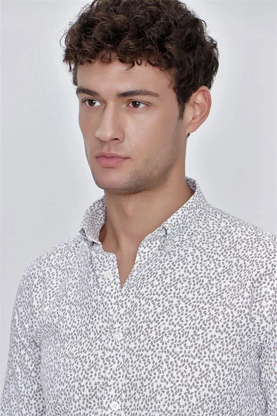 Koyu Bej Uzun Kol Baskılı Balıksırtı Düğmeli Yaka  Pamuklu Slim Fit Dar Kesim Klasik Gömlek 1004225911 - 6