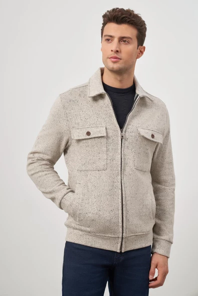 Bej Örme Bebe Yaka Kendinden Desenli Yırtmaçsız Astarsız Slim Fit Classic Mont 1007245156 - Resim 4