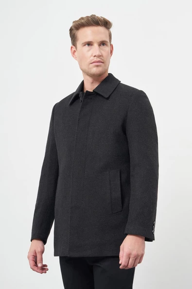 Siyah Kaşe Bebe Yaka Düz Yırtmaçsız Sırt Kapitoneli Astar Comfort Fit Classic Kaban 1008245153