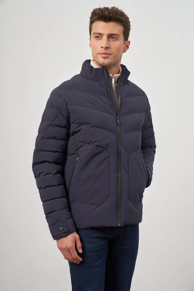 Koyu Lacivert Dolumlu Hakim Yaka Slim Fit Dar Kesim Klasik Mont 1007245153 ürün görseli 1