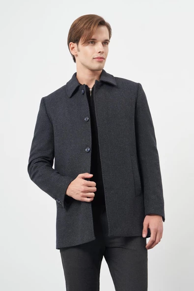 Koyu Lacivert Kaşe Bebe Yaka Kendinden Sırt Kapitoneli Astar Comfort Fit Classic Kaban 1008245155 - 3