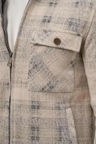 Bej Örme Bebe Yaka Kendinden Desenli Yırtmaçsız Astarsız Slim Fit Classic Mont 1007245157 - Resim 6