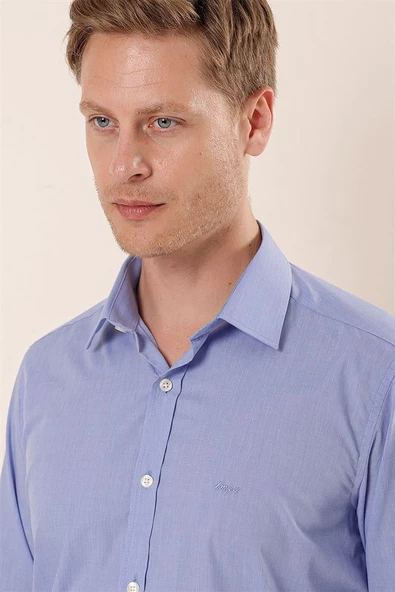 Mavi Uzun Kollu Filafil Desen Filafil Sert Yaka Cepsiz Pamuklu Basic Slim Gömlek 1004230907 - Resim 4