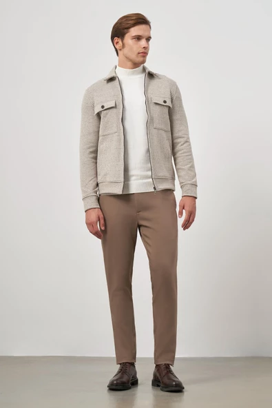 Bej Örme Bebe Yaka Kendinden Desenli Yırtmaçsız Astarsız Slim Fit Classic Mont 1007245158 - Resim 4