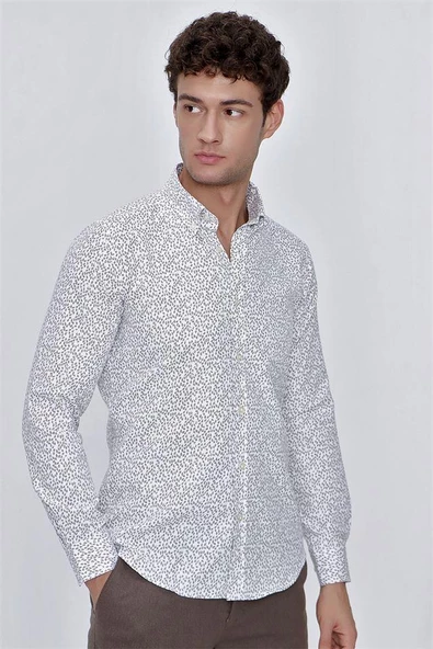 Koyu Bej Uzun Kol Baskılı Balıksırtı Düğmeli Yaka  Pamuklu Slim Fit Dar Kesim Klasik Gömlek 1004225911 - 3