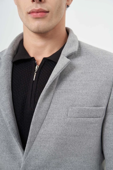 Gri Kaşe Dik Yaka Kapitoneli Astar Slim Fit Dar Kesim Klasik Kaban 1008245171 - 4