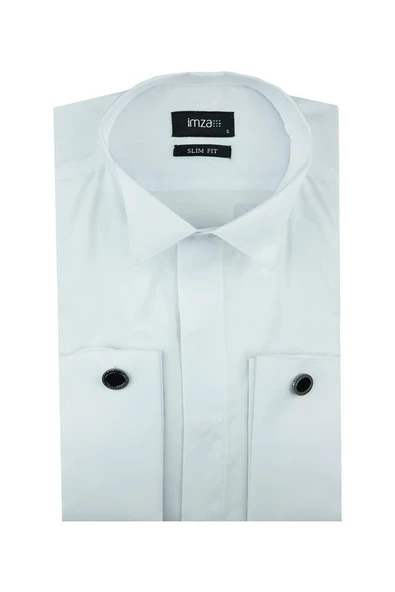 Beyaz Uzun Kol Ata Yaka  Slim Fit Dar Kesim Basic Gömlek 1004210060
