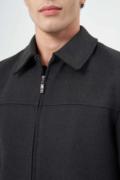 Koyu Antrasit Kaşe Bebe Yaka Düz Yırtmaçsız Tam Astar Slim Fit Classic Mont 1007245121 - 4