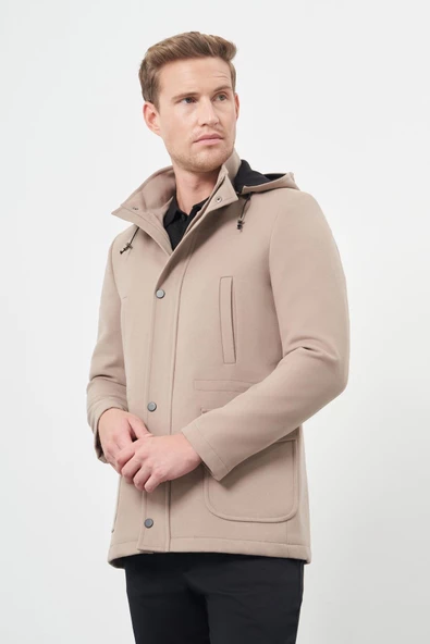 Taş Rengi Kaşe Dik Yaka Astarlı Slim Fit Dar Kesim Klasik Kaban 1008245272 - 3