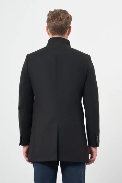 Siyah Kaşe Dik Yaka Kapitoneli Astar Slim Fit Dar Kesim Klasik Kaban 1008245171 - 5