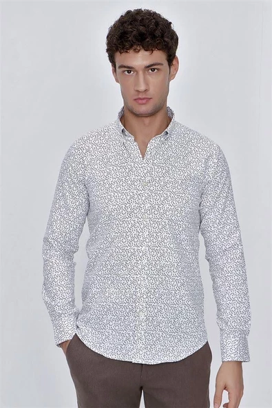 Koyu Bej Uzun Kol Baskılı Balıksırtı Düğmeli Yaka  Pamuklu Slim Fit Dar Kesim Klasik Gömlek 1004225911