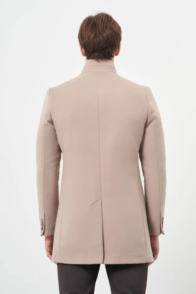 Taş Rengi Kaşe Dik Yaka Kapitoneli Astar Slim Fit Dar Kesim Klasik Kaban 1008245171 - 6