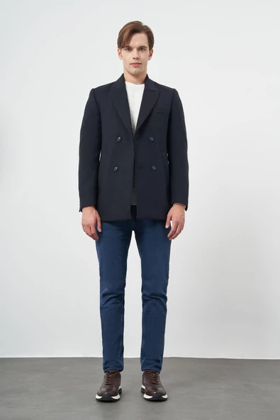 Koyu Lacivert Kruvaze Kaşe Kılıç Yaka Düz Yırtmaçsız Tam Astar Slim Fit Classic Kaban 1008245152 - 2