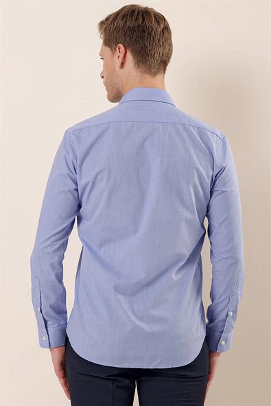 Mavi Uzun Kollu Filafil Desen Filafil Sert Yaka Cepsiz Pamuklu Basic Slim Gömlek 1004230907 - Resim 5