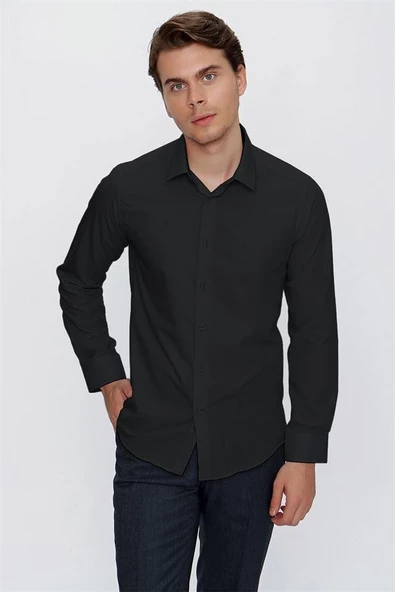 Siyah Uzun Kol Sert Yaka  Slim Fit Dar Kesim Basic Gömlek 1004225057