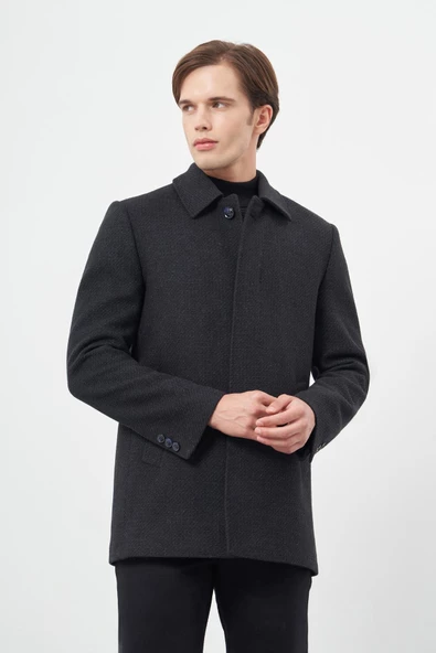 Koyu Lacivert Kaşe Bebe Yaka Kendinden Sırt Kapitoneli Astar Comfort Fit Classic Kaban 1008245154