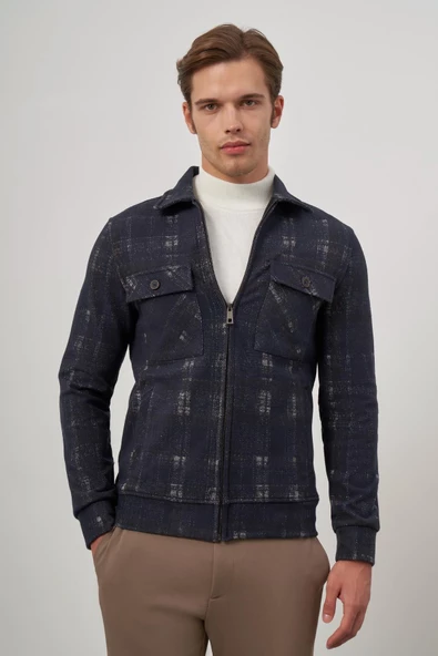 Koyu Lacivert Örme Bebe Yaka Kendinden Desenli Yırtmaçsız Astarsız Slim Fit Classic Mont 1007245157 - Resim 4