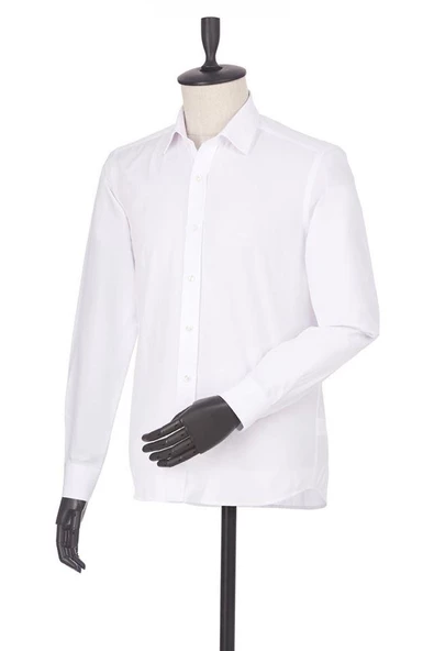 Beyaz Uzun Kol Filafil Sert Yaka  Slim Fit Dar Kesim Basic Gömlek 1004225008 - 5