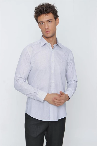 Koyu Lacivert Uzun Kol Baskılı Biritli Yaka  Slim Fit Dar Kesim Klasik Gömlek 1004220922 - Resim 4