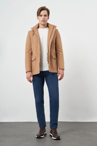 Camel Kaşe Dik Yaka Astarlı Slim Fit Dar Kesim Klasik Kaban 1008245272 - 2