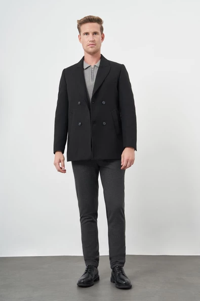Siyah Kruvaze Kaşe Kılıç Yaka Düz Yırtmaçsız Tam Astar Slim Fit Classic Kaban 1008245152 - 2