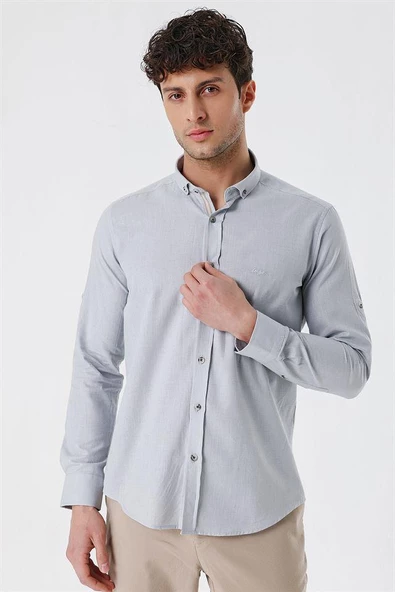 Gri Kısalabilir Kollu Cepsiz Biyeli %100 Pamuk Casual Slim Fit Dar Kesim Gömlek 1004230179 - Resim 4