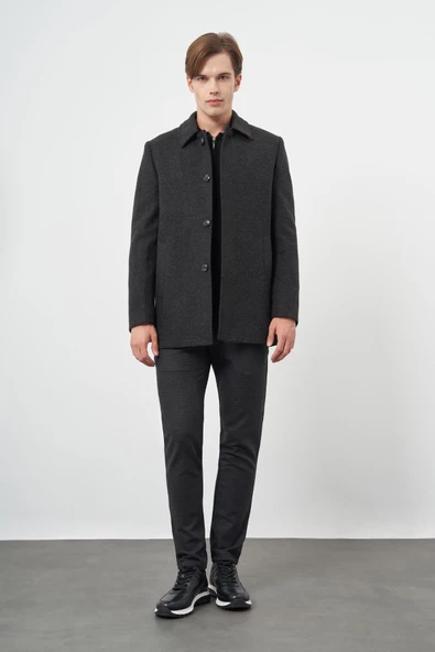 Koyu Antrasit Kaşe Bebe Yaka Kendinden Sırt Kapitoneli Astar Comfort Fit Classic Kaban 1008245154 - 2