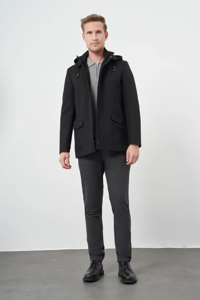 Siyah Kaşe Dik Yaka Astarlı Slim Fit Dar Kesim Klasik Kaban 1008245272 - 2