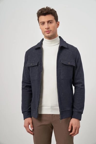 Koyu Lacivert Örme Bebe Yaka Kendinden Desenli Yırtmaçsız Astarsız Slim Fit Classic Mont 1007245156 - 6
