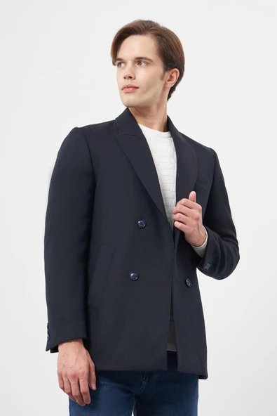 Koyu Lacivert Kruvaze Kaşe Kılıç Yaka Düz Yırtmaçsız Tam Astar Slim Fit Classic Kaban 1008245152 - 3