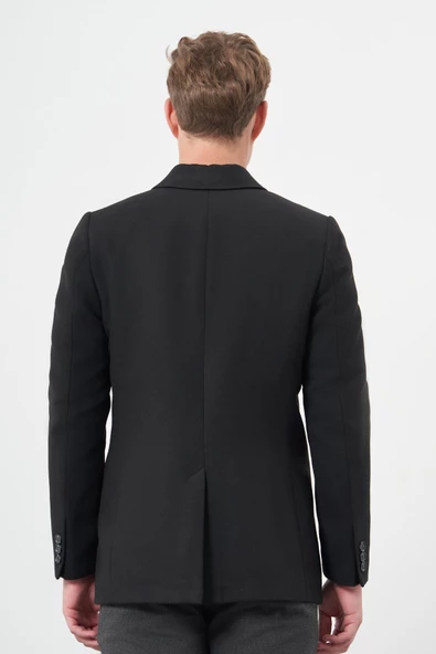 Siyah Kruvaze Kaşe Kılıç Yaka Düz Yırtmaçsız Tam Astar Slim Fit Classic Kaban 1008245152 - 5