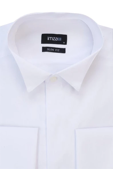 Beyaz Uzun Kol Ata Yaka  Slim Fit Dar Kesim Basic Gömlek 1004205060 - Resim 2