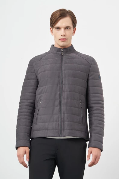 Antrasit Süet Suni Deri Hakim Yaka Düz Yırtmaçsız Tam Astar Slim Fit Casual Deri Mont 1038245150 ürün görseli