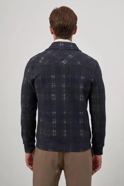 Koyu Lacivert Örme Bebe Yaka Kendinden Desenli Yırtmaçsız Astarsız Slim Fit Classic Mont 1007245157 - Resim 7