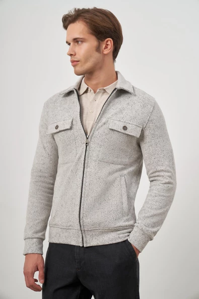 Taş Rengi Örme Bebe Yaka Kendinden Desenli Yırtmaçsız Astarsız Slim Fit Classic Mont 1007245156 - Resim 3