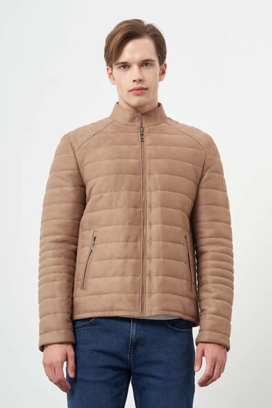 Sütlü Kahverengi Suni Deri Hakim Yaka Düz Yırtmaçsız Tam Astar Slim Fit Casual Deri Mont 1038245150 - 3